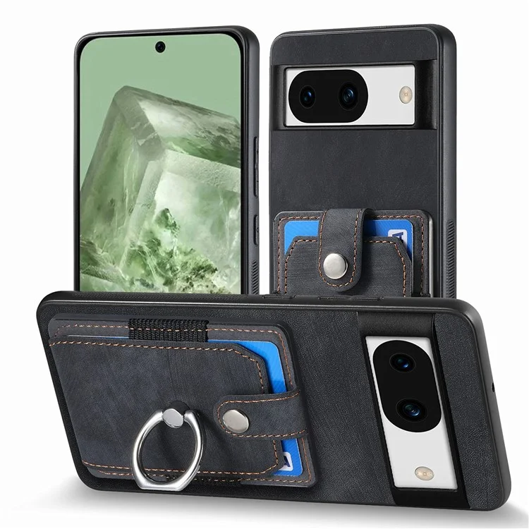 D2 for Google Pixel 8a Case Leather Coated TPU Ring Kickstand Phone Cover with Card Slots - Black
