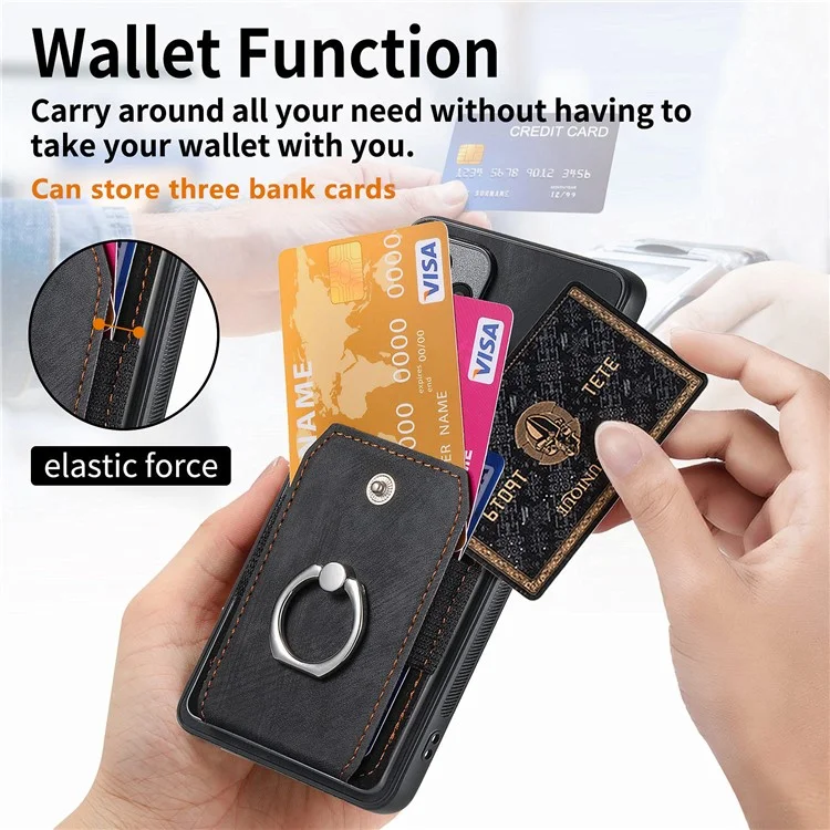 D2 for Google Pixel 8a Case Leather Coated TPU Ring Kickstand Phone Cover with Card Slots - Black