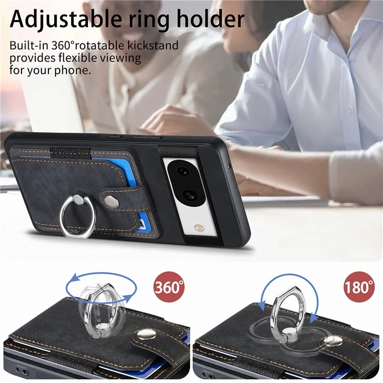 D2 for Google Pixel 8a Case Leather Coated TPU Ring Kickstand Phone Cover with Card Slots - Black