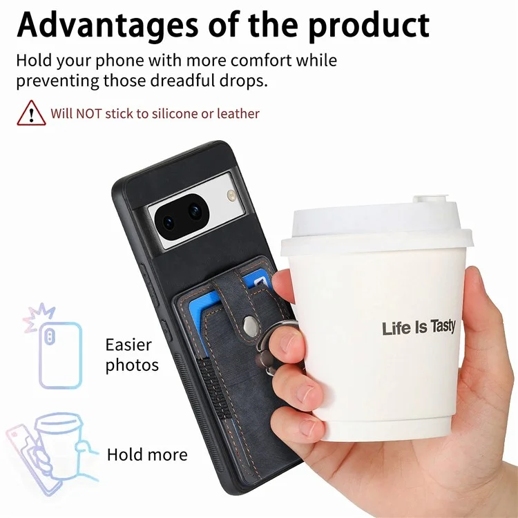 D2 for Google Pixel 8a Case Leather Coated TPU Ring Kickstand Phone Cover with Card Slots - Black
