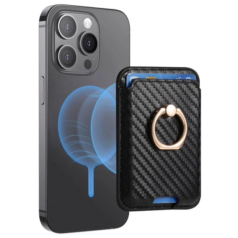 MC-W15 Carbon Fiber Texture Card Holder Ring Holder Leather Magnetic Phone Card Bag - Black