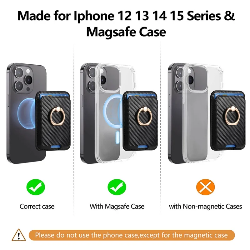 MC-W15 Carbon Fiber Texture Card Holder Ring Holder Leather Magnetic Phone Card Bag - Black