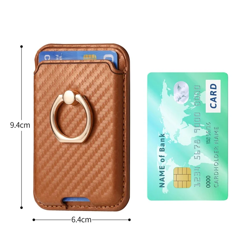 MC-W15 Carbon Fiber Texture Card Holder Ring Holder Leather Magnetic Phone Card Bag - Black