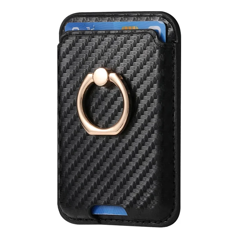 MC-W15 Carbon Fiber Texture Card Holder Ring Holder Leather Magnetic Phone Card Bag - Black