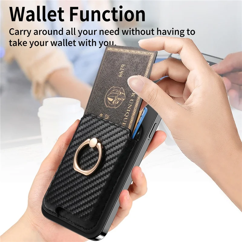MC-W15 Carbon Fiber Texture Card Holder Ring Holder Leather Magnetic Phone Card Bag - Black