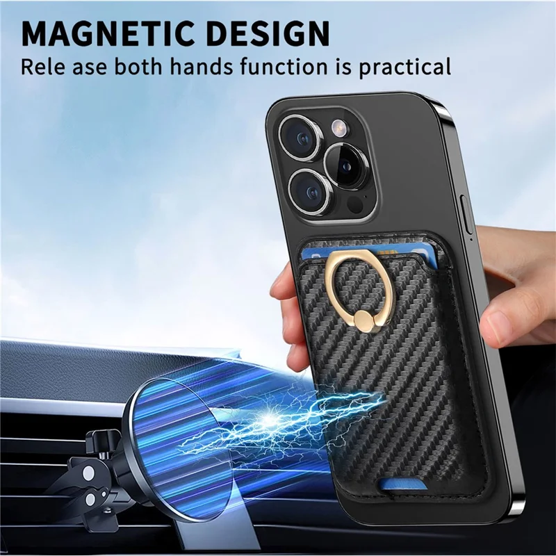 MC-W15 Carbon Fiber Texture Card Holder Ring Holder Leather Magnetic Phone Card Bag - Black