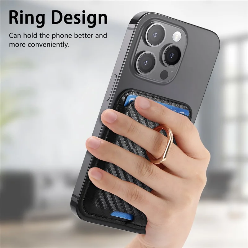MC-W15 Carbon Fiber Texture Card Holder Ring Holder Leather Magnetic Phone Card Bag - Black