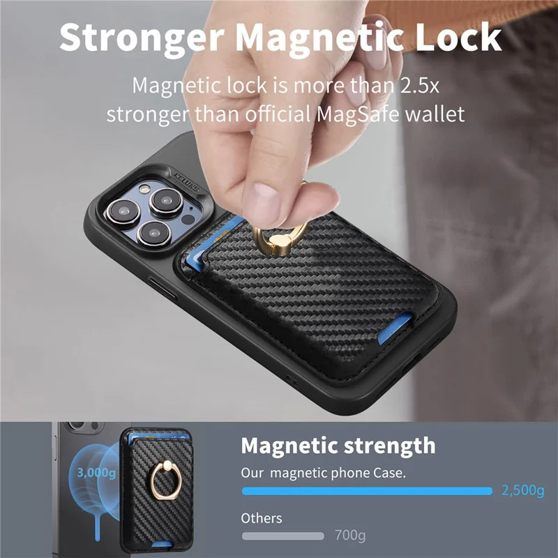 MC-W15 Carbon Fiber Texture Card Holder Ring Holder Leather Magnetic Phone Card Bag - Black