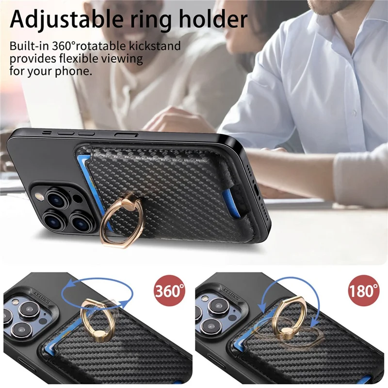 MC-W15 Carbon Fiber Texture Card Holder Ring Holder Leather Magnetic Phone Card Bag - Black