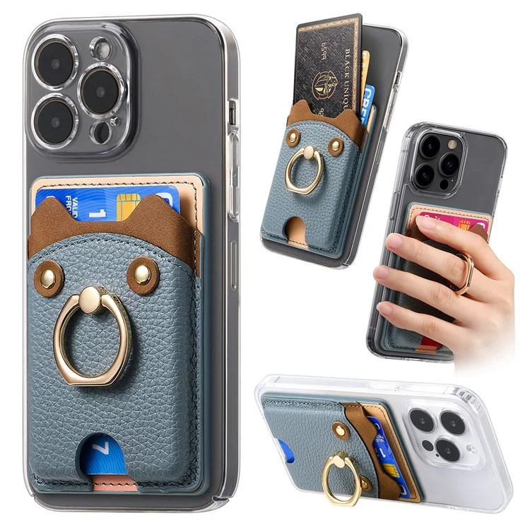 KB-64 Adhesive Card Holder Cute Bear Design Ring Kickstand Litchi Texture Leather Card Bag - Blau