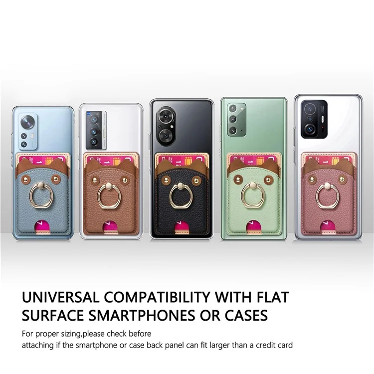 KB-64 Adhesive Card Holder Cute Bear Design Ring Kickstand Litchi Texture Leather Card Bag - Blau
