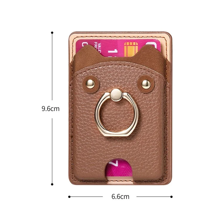 KB-64 Adhesive Card Holder Cute Bear Design Ring Kickstand Litchi Texture Leather Card Bag - Blau