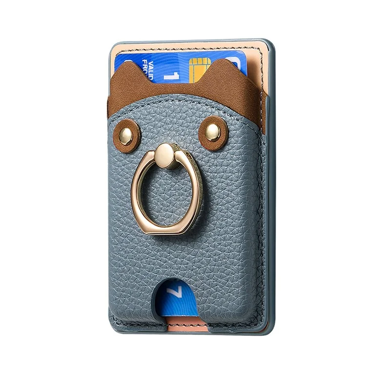 KB-64 Adhesive Card Holder Cute Bear Design Ring Kickstand Litchi Texture Leather Card Bag - Blau