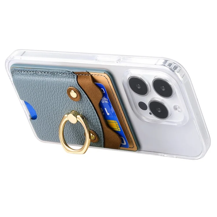 KB-64 Adhesive Card Holder Cute Bear Design Ring Kickstand Litchi Texture Leather Card Bag - Blau