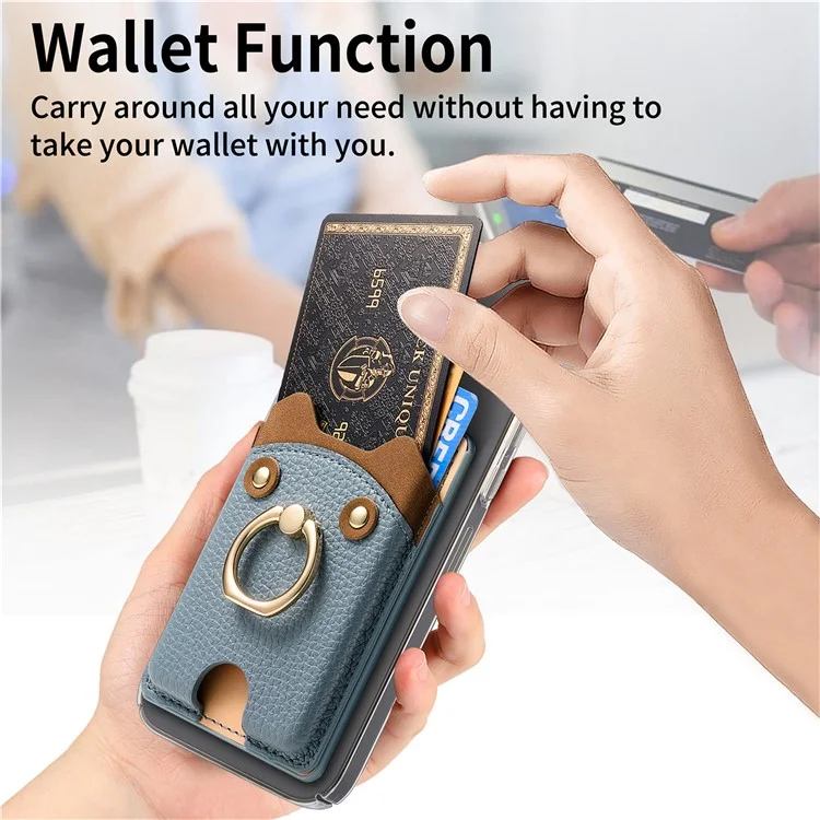 KB-64 Adhesive Card Holder Cute Bear Design Ring Kickstand Litchi Texture Leather Card Bag - Blau
