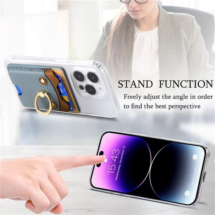 KB-64 Adhesive Card Holder Cute Bear Design Ring Kickstand Litchi Texture Leather Card Bag - Blau