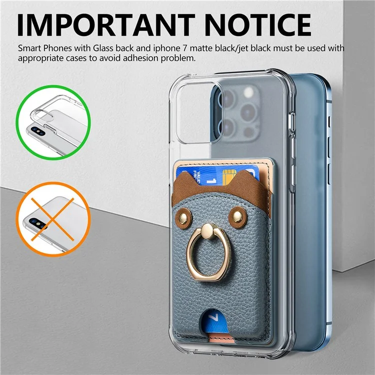KB-64 Adhesive Card Holder Cute Bear Design Ring Kickstand Litchi Texture Leather Card Bag - Blau