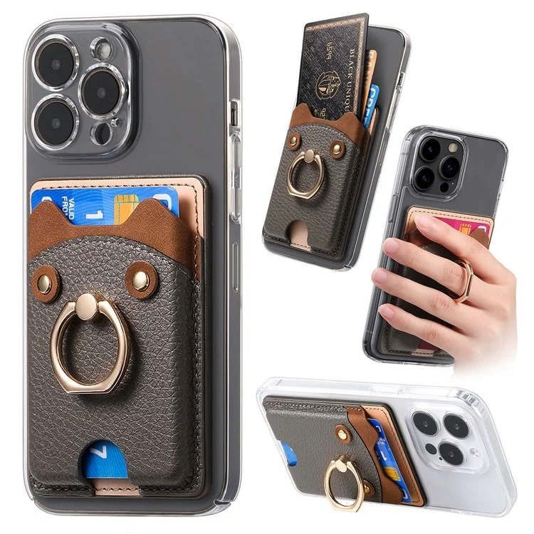 KB-64 Adhesive Card Holder Cute Bear Design Ring Kickstand Litchi Texture Leather Card Bag - Grey