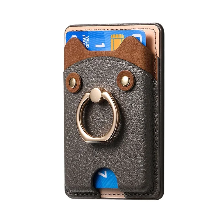 KB-64 Adhesive Card Holder Cute Bear Design Ring Kickstand Litchi Texture Leather Card Bag - Grey