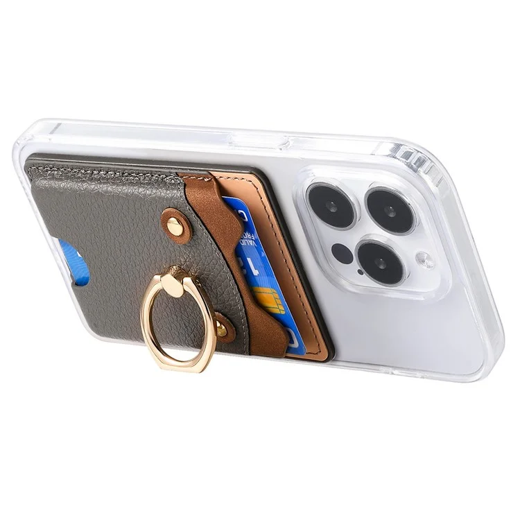 KB-64 Adhesive Card Holder Cute Bear Design Ring Kickstand Litchi Texture Leather Card Bag - Grey