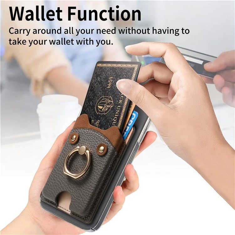 KB-64 Adhesive Card Holder Cute Bear Design Ring Kickstand Litchi Texture Leather Card Bag - Grey