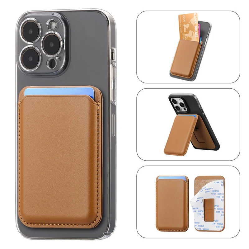KB-63 Adhesive Phone Card Bag Wallet Kickstand Leather Phone Card Holder - Brown