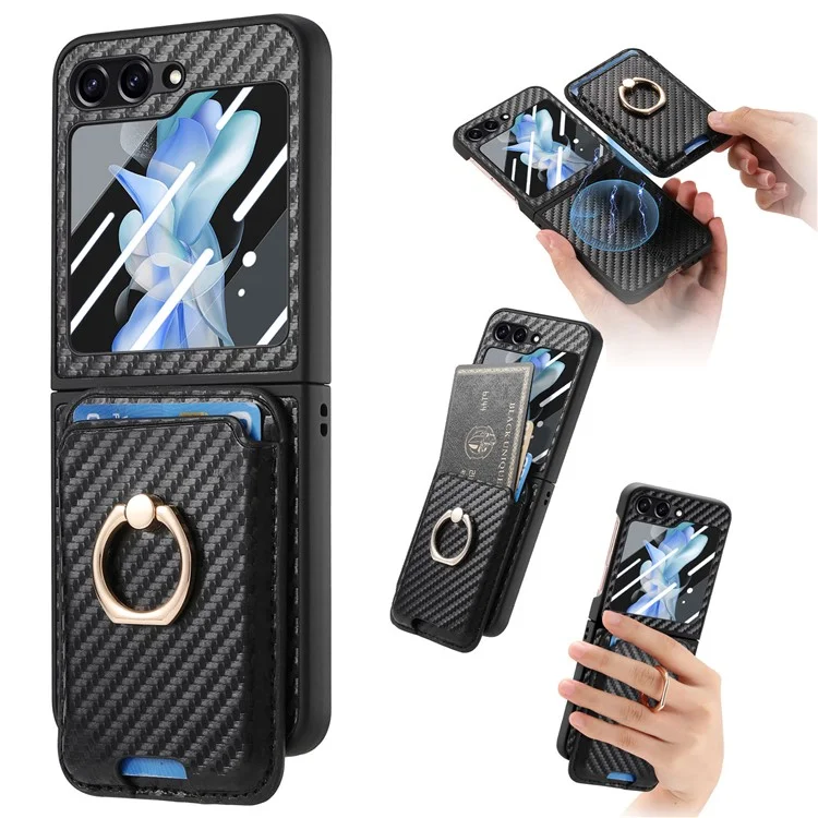 For Samsung Galaxy Z Flip6 5G Case Ring Kickstand Card Slot Phone Cover with Rear Screen Film - Black