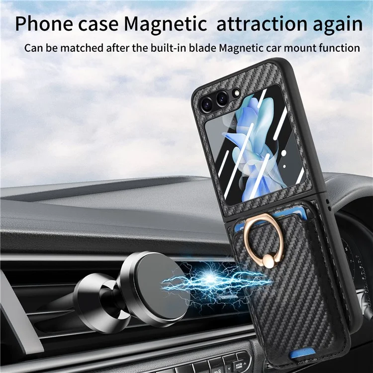 For Samsung Galaxy Z Flip6 5G Case Ring Kickstand Card Slot Phone Cover with Rear Screen Film - Black
