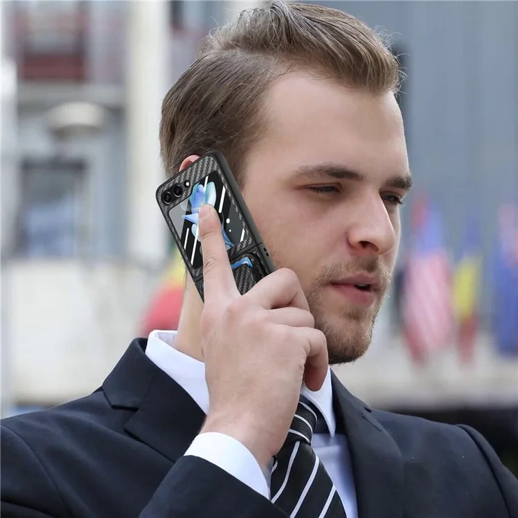 For Samsung Galaxy Z Flip6 5G Case Ring Kickstand Card Slot Phone Cover with Rear Screen Film - Black