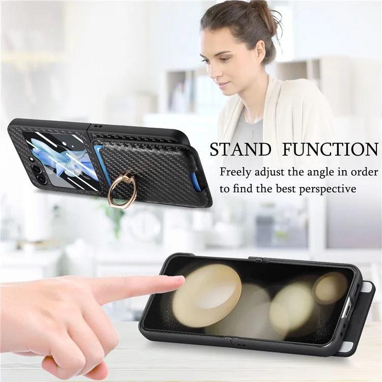 For Samsung Galaxy Z Flip6 5G Case Ring Kickstand Card Slot Phone Cover with Rear Screen Film - Black