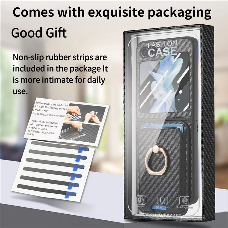 For Samsung Galaxy Z Flip6 5G Case Ring Kickstand Card Slot Phone Cover with Rear Screen Film - Black