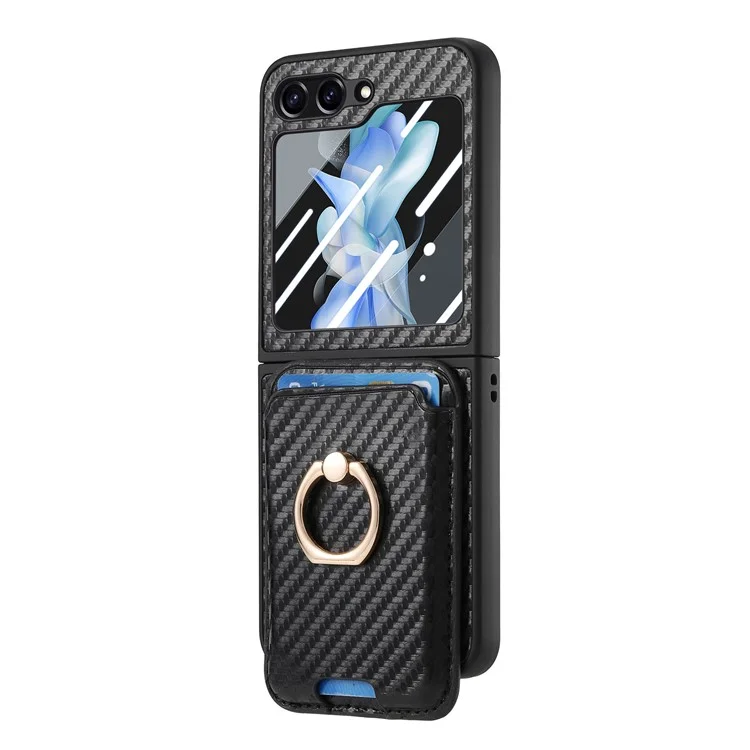 For Samsung Galaxy Z Flip6 5G Case Ring Kickstand Card Slot Phone Cover with Rear Screen Film - Black