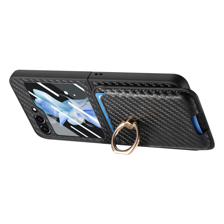 For Samsung Galaxy Z Flip6 5G Case Ring Kickstand Card Slot Phone Cover with Rear Screen Film - Black