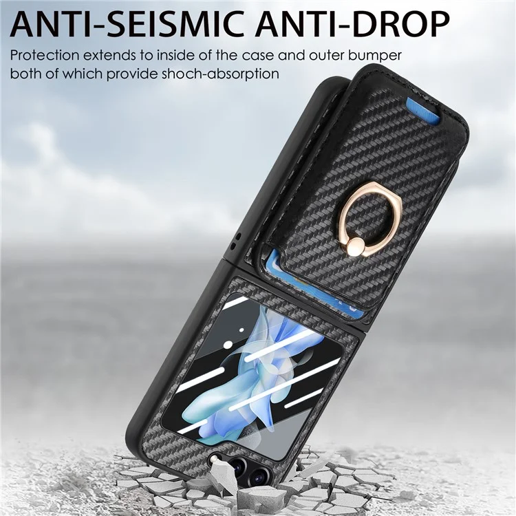 For Samsung Galaxy Z Flip6 5G Case Ring Kickstand Card Slot Phone Cover with Rear Screen Film - Black