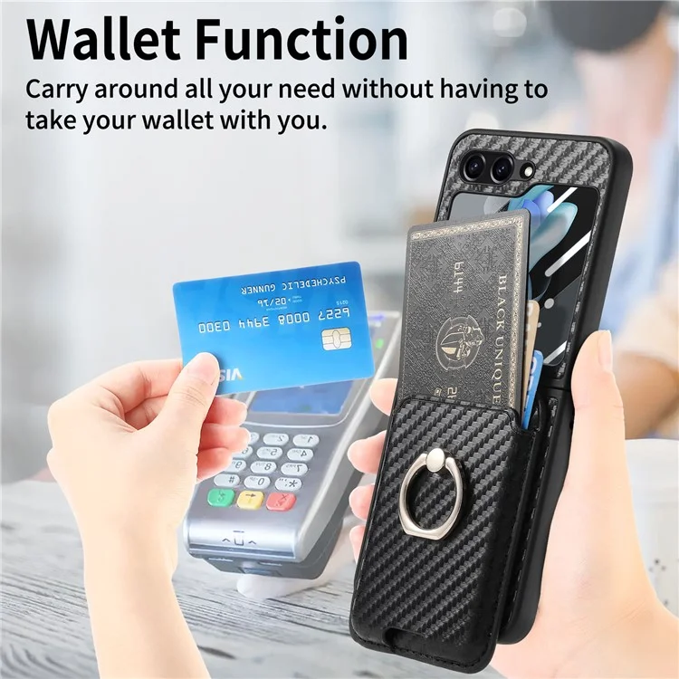For Samsung Galaxy Z Flip6 5G Case Ring Kickstand Card Slot Phone Cover with Rear Screen Film - Black