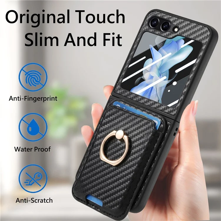 For Samsung Galaxy Z Flip6 5G Case Ring Kickstand Card Slot Phone Cover with Rear Screen Film - Black