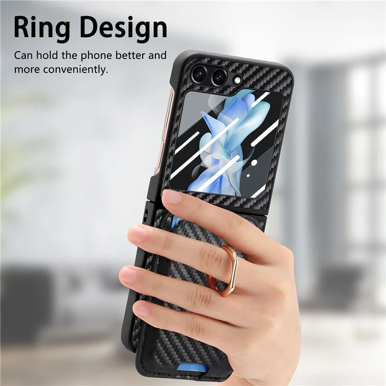 For Samsung Galaxy Z Flip6 5G Case Ring Kickstand Card Slot Phone Cover with Rear Screen Film - Black