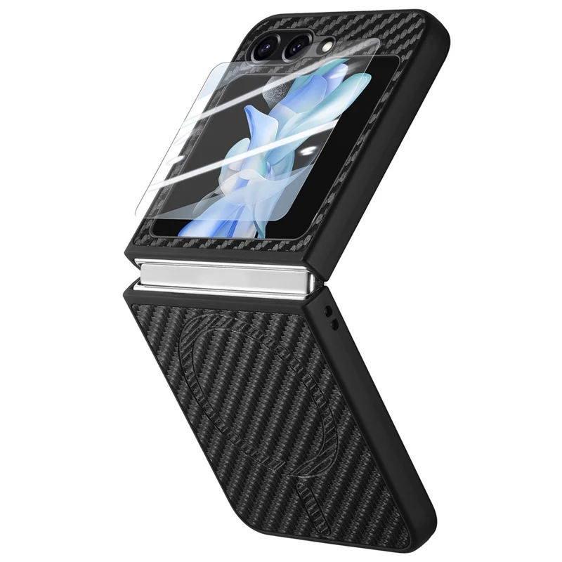 Para Samsung Galaxy Z Flip5 5G Case Compatível com MagSafe Leather+PC Cover com Película de Tela Traseira - Preto