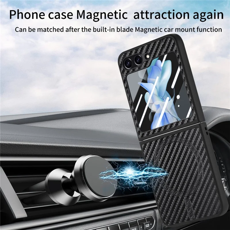 Para Samsung Galaxy Z Flip5 5G Case Compatível com MagSafe Leather+PC Cover com Película de Tela Traseira - Preto