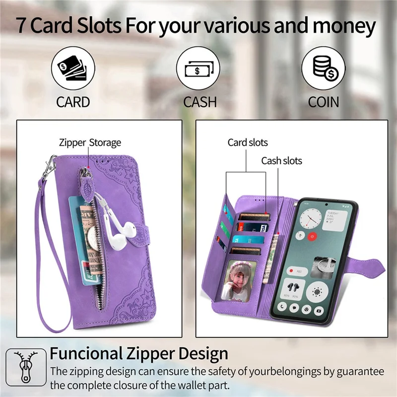 For Nothing CMF Phone 1 Zipper Wallet Case with Strap Flower Imprint PU Leather Phone Cover - Light Purple