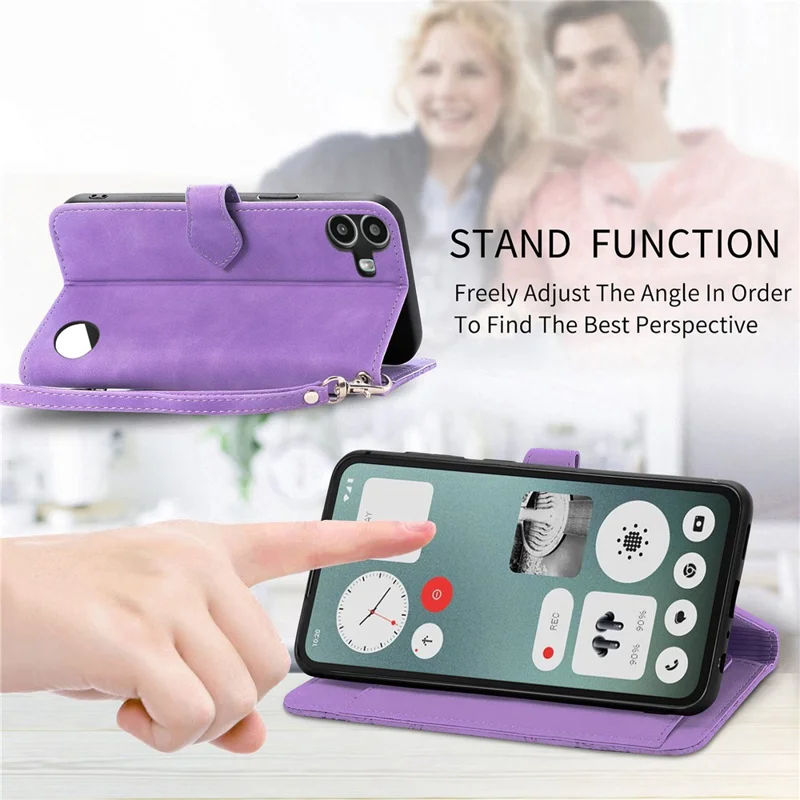 For Nothing CMF Phone 1 Zipper Wallet Case with Strap Flower Imprint PU Leather Phone Cover - Light Purple
