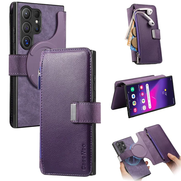 CASENEO MW-02 Чехол для Samsung Galaxy S24 Ultra с молнией, карманом, держателем из искусственной кожи - Фиолетовый