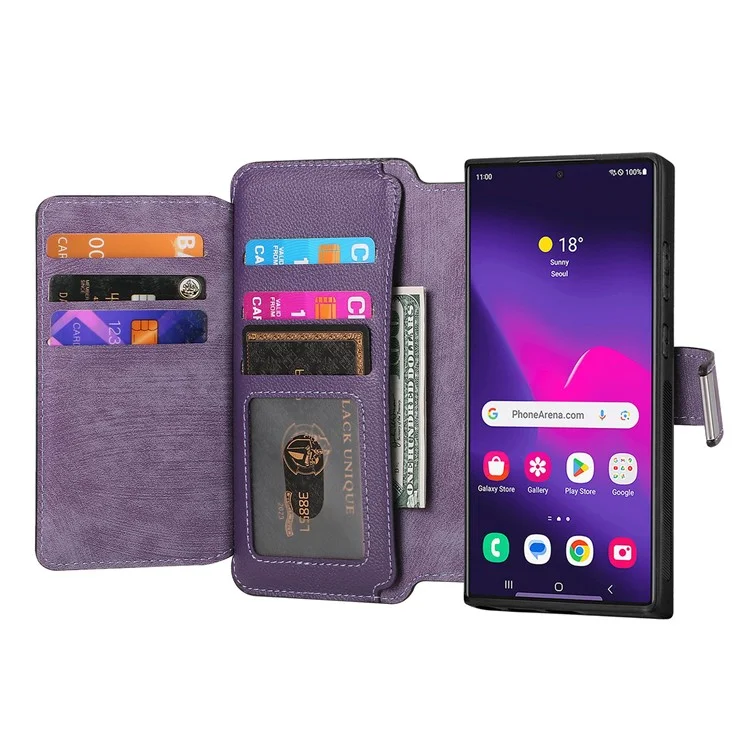 CASENEO MW-02 Чехол для Samsung Galaxy S24 Ultra с молнией, карманом, держателем из искусственной кожи - Фиолетовый