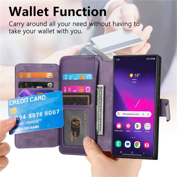 CASENEO MW-02 Чехол для Samsung Galaxy S24 Ultra с молнией, карманом, держателем из искусственной кожи - Фиолетовый