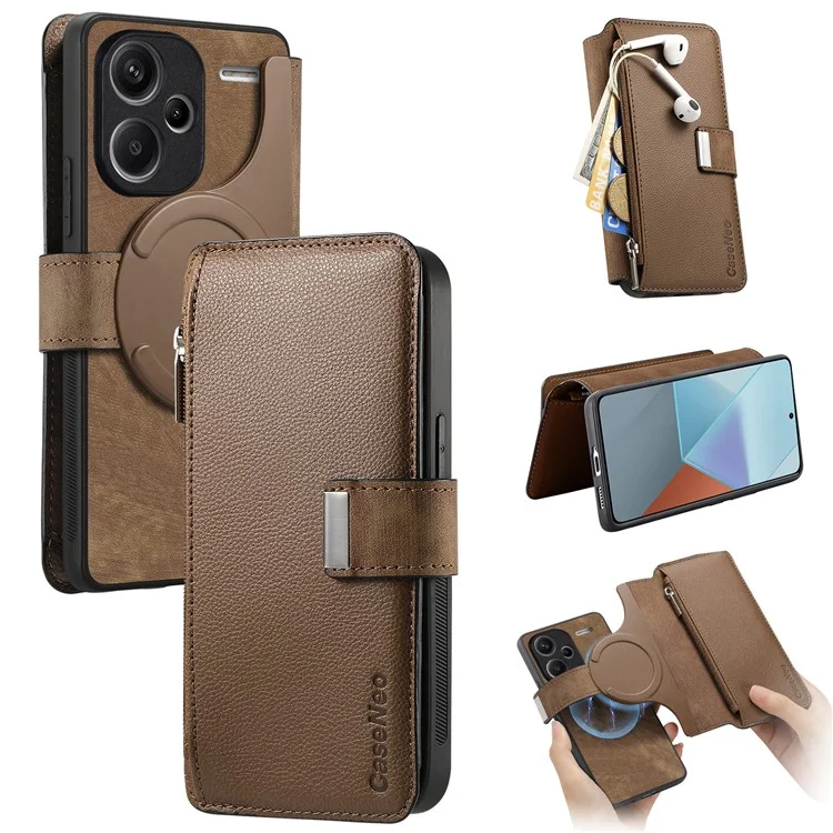 CASENEO MW-02 For Xiaomi Redmi Note 13 Pro+ 5G Case Magnetic Detachable Zipper Leather Cover - Brown
