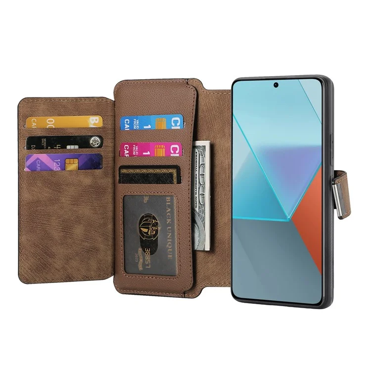 CASENEO MW-02 For Xiaomi Redmi Note 13 Pro+ 5G Case Magnetic Detachable Zipper Leather Cover - Brown