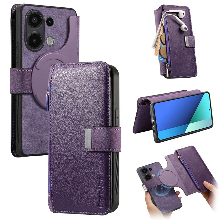 CASENEO MW-02 Para Xiaomi Redmi Note 13 4G Caso Cobertura de Couro Destacável Magnética - Roxo