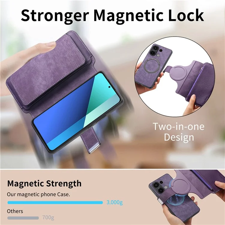 CASENEO MW-02 Para Xiaomi Redmi Note 13 4G Caso Cobertura de Couro Destacável Magnética - Roxo