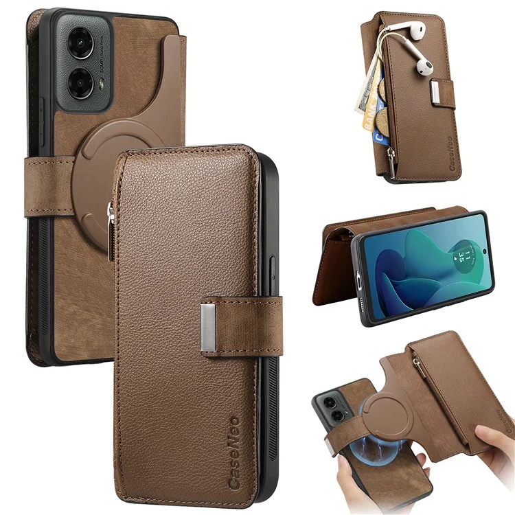 CASENEO MW-02 Para Motorola Moto G 5G (2024) Capa Carteira com Zíper Couro Destacável - Marrom