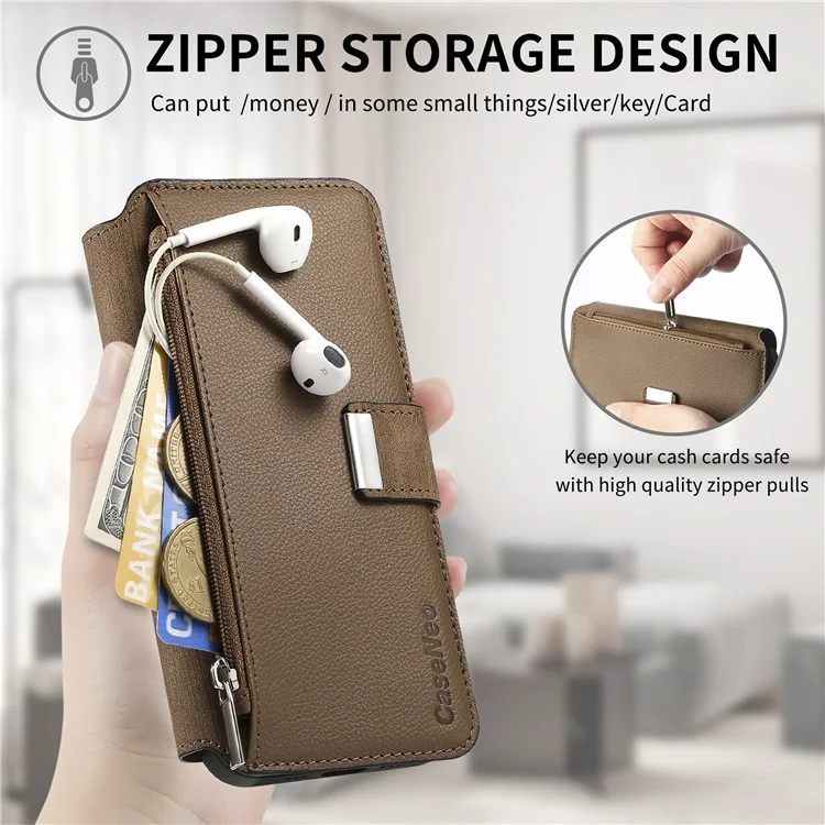 CASENEO MW-02 Para Motorola Moto G 5G (2024) Capa Carteira com Zíper Couro Destacável - Marrom